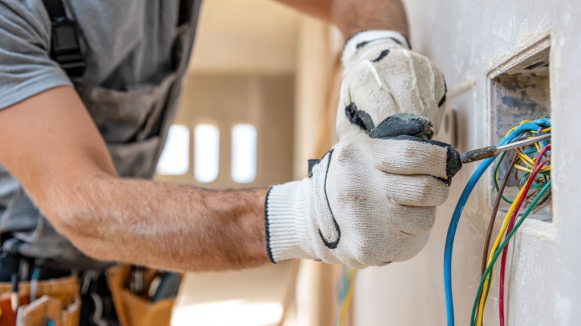 Un électricien portant des gants installe des fils dans une boîte de prise murale pendant des travaux de rénovation.