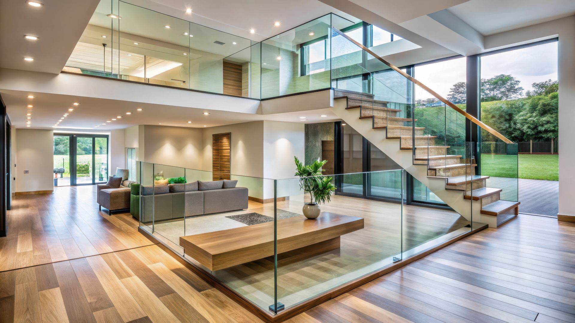 Des bureaux modernes avec garde-corps et cloisons en verre.