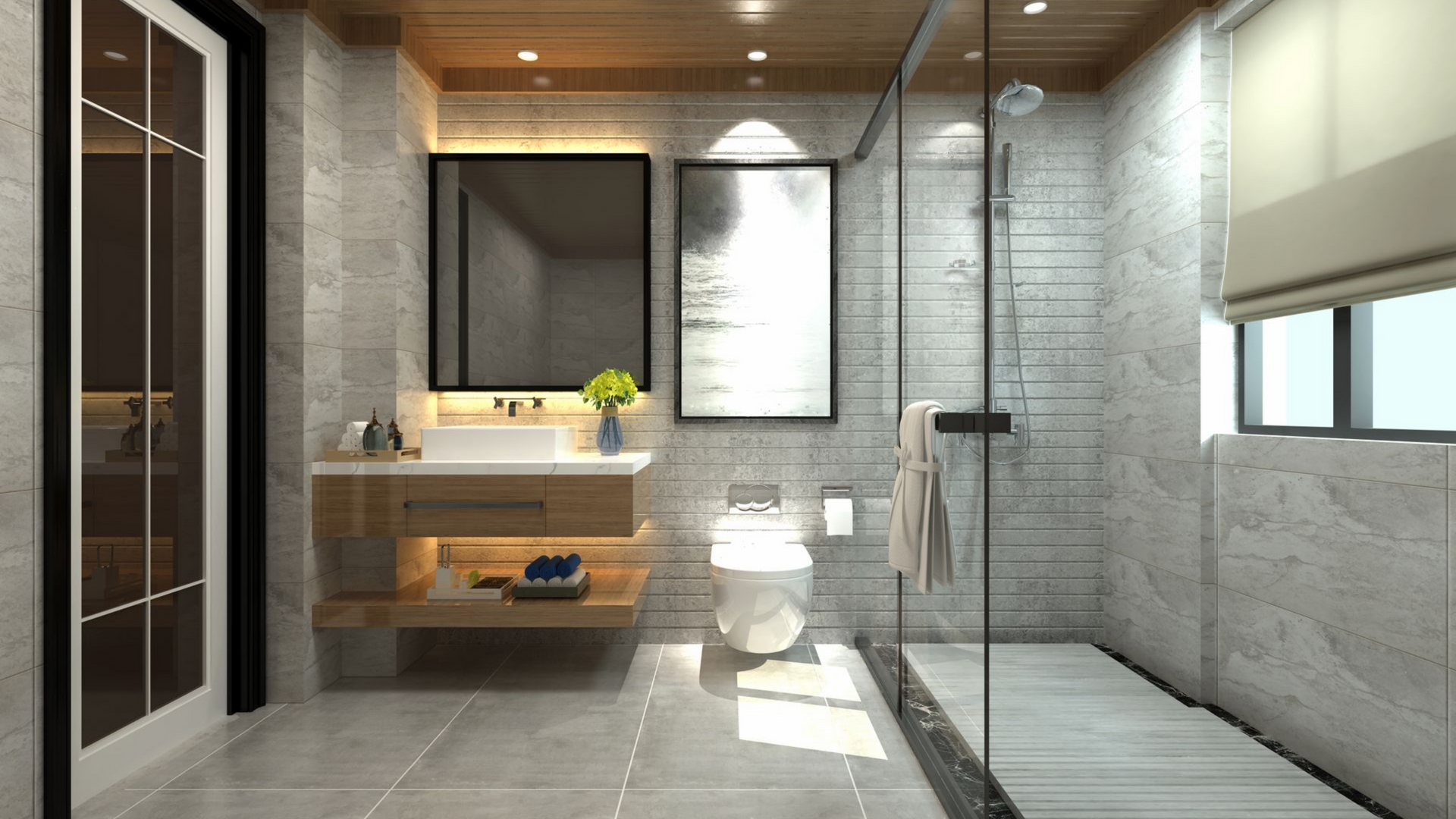 Salle de bains avec porte vitrée, miroir, paroi de douche…