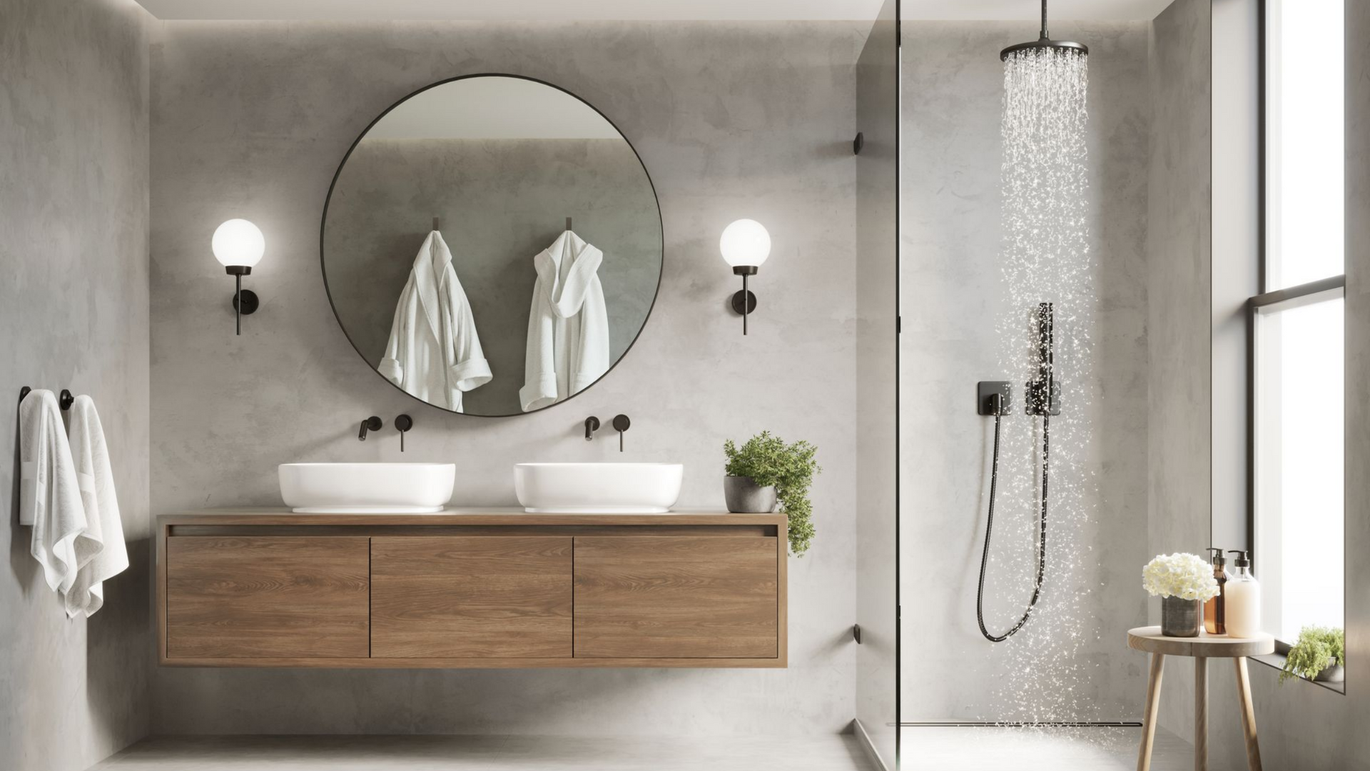 Salle de bains avec double vasque, douche avec paroi verre…
