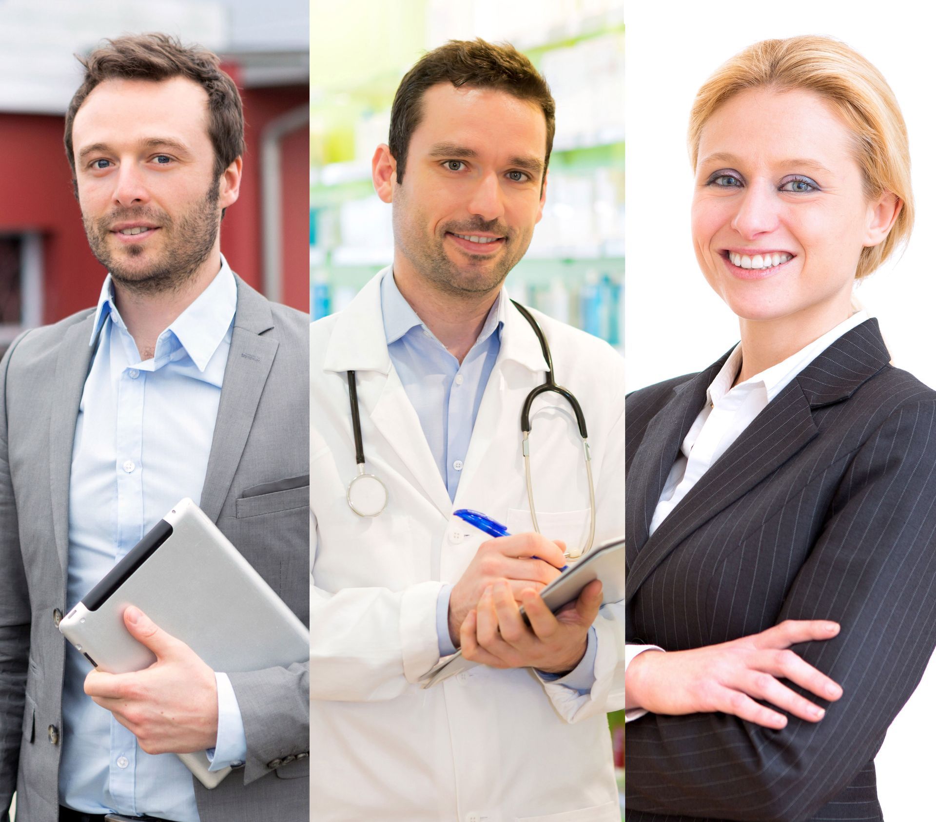 Professionnels souriants représentant différents métiers comme la médecine, la gestion et le conseil