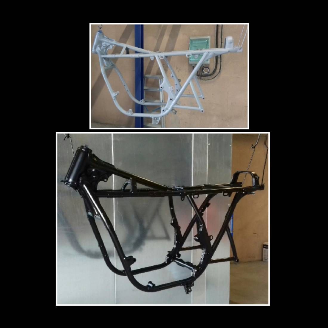 Cadre de moto vintage mis à nu en cours d'anti-rouille et de peinture.