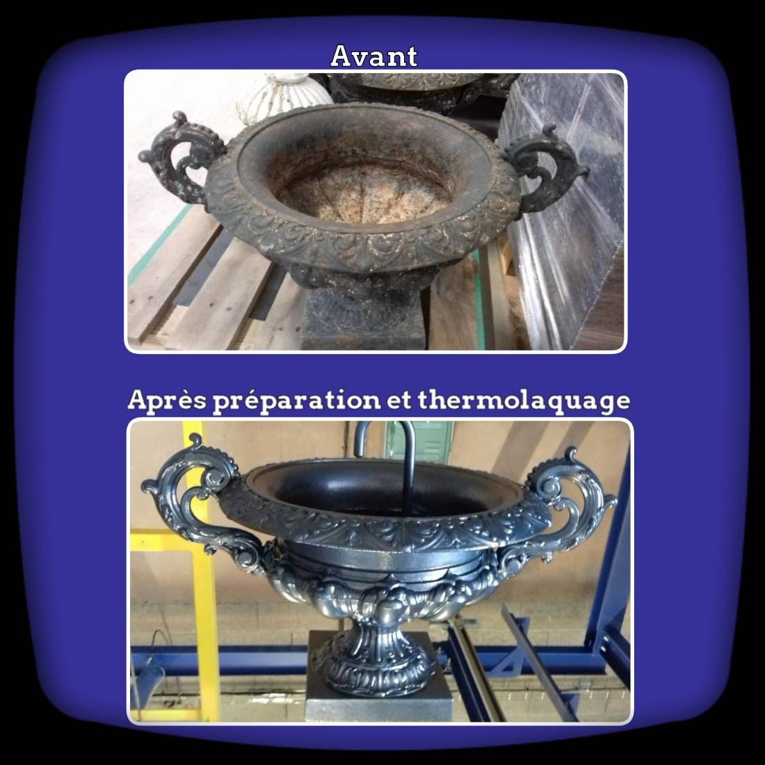 Grande vasque de jardin en fonte restaurée après nettoyage par sablage et application d'une peinture thermolaquage.