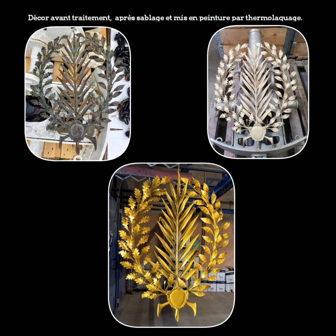 Pièces décoratives en métal dorées avant et après traitement par sablage et coloration.