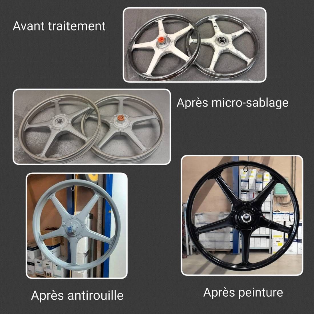 Comparaison visuelle de jantes de vélo avant et après traitement de microbillage, montrant le passage d'une finition métallique brillante à une finition mate.
