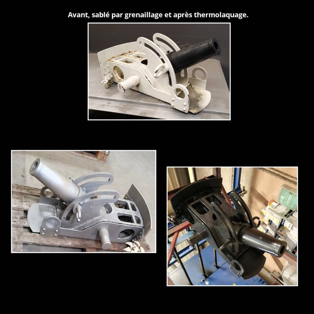 Surface d'un mortier traitée par grenaillage et thermolaquage, avec des vues rapprochées des différentes finitions obtenues.