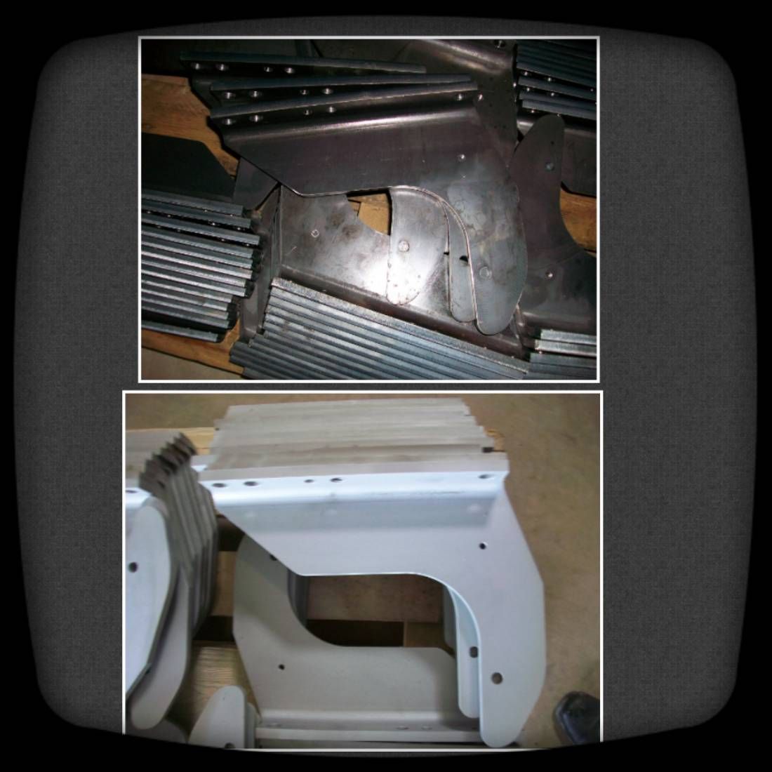 Zone d'une tôle striée découpée pour un plancher, avec une partie de la structure métallique visible et une pièce de découpe claire au premier plan.