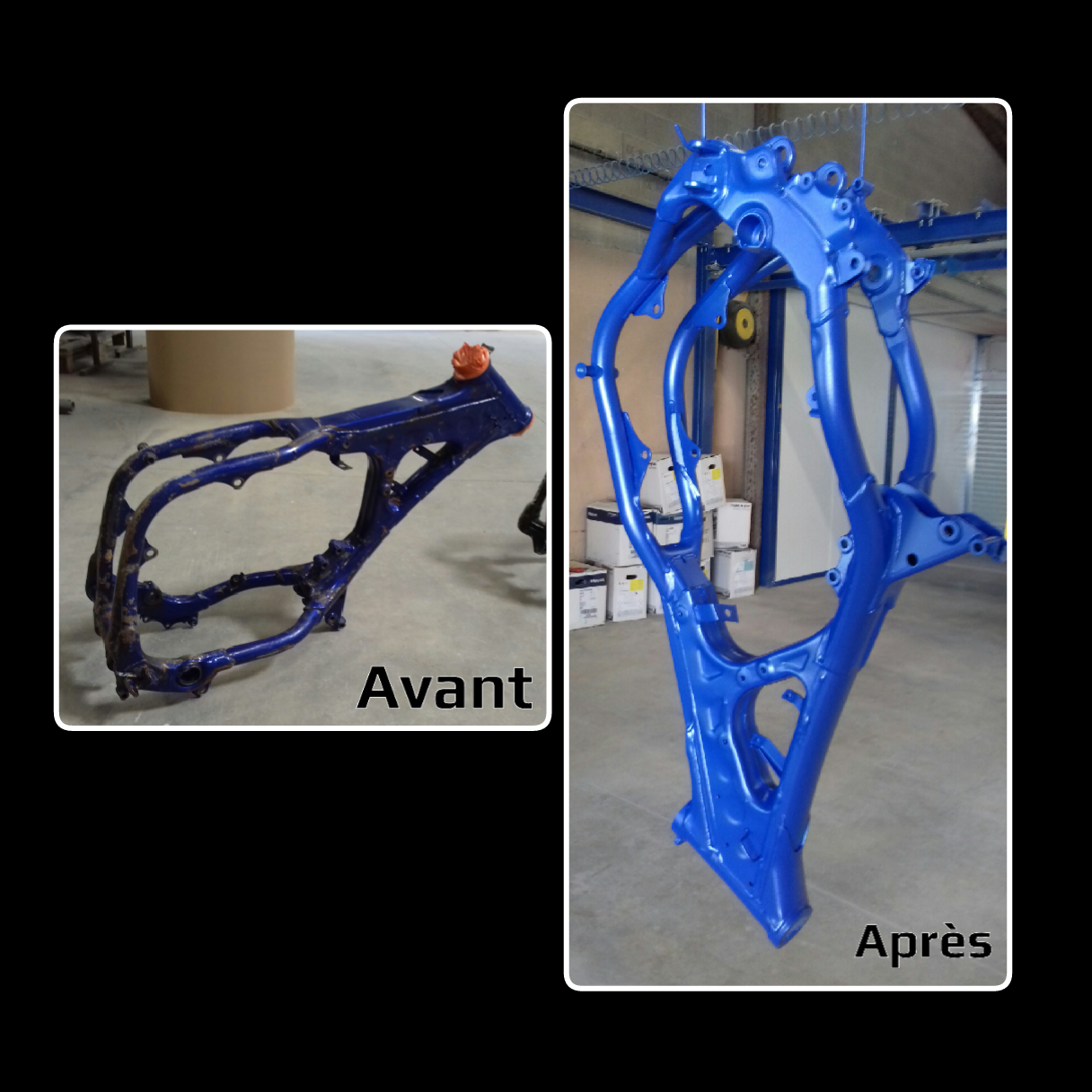 Pièce métallique avant et après thermolaquage en bleu
