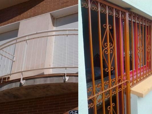 Una imagen de un balcón y una imagen de una ventana con una reja de hierro forjado.
