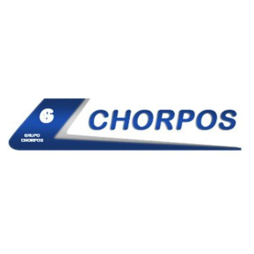 Un logotipo azul y blanco para chorpos sobre un fondo blanco.