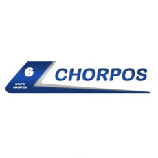 Un logotipo azul y blanco para chorpos sobre un fondo blanco.