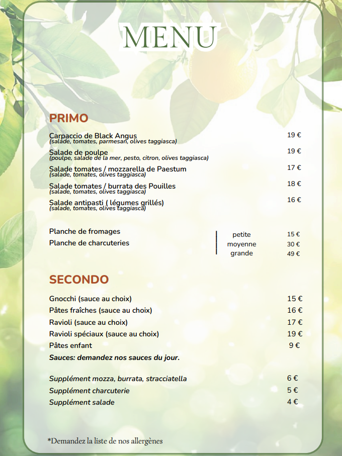 Menu du jour du restaurant