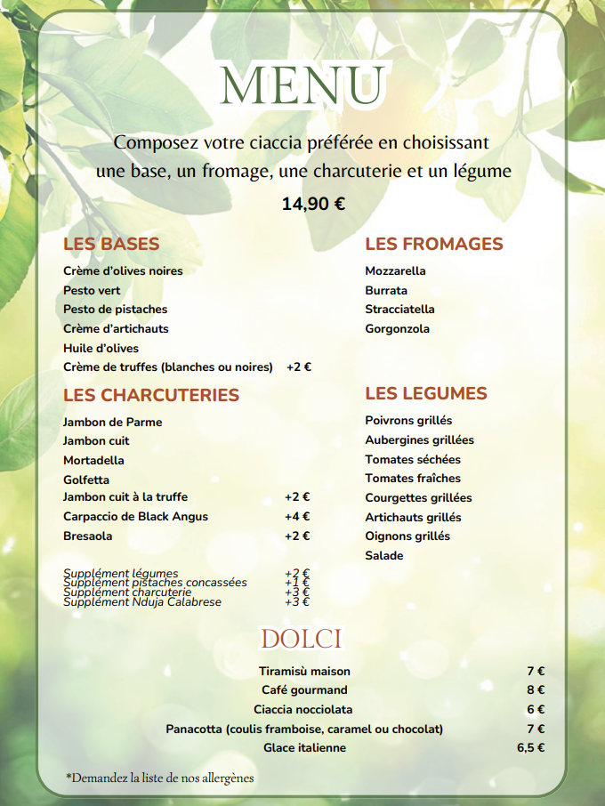 Carte des ciaccias et des desserts