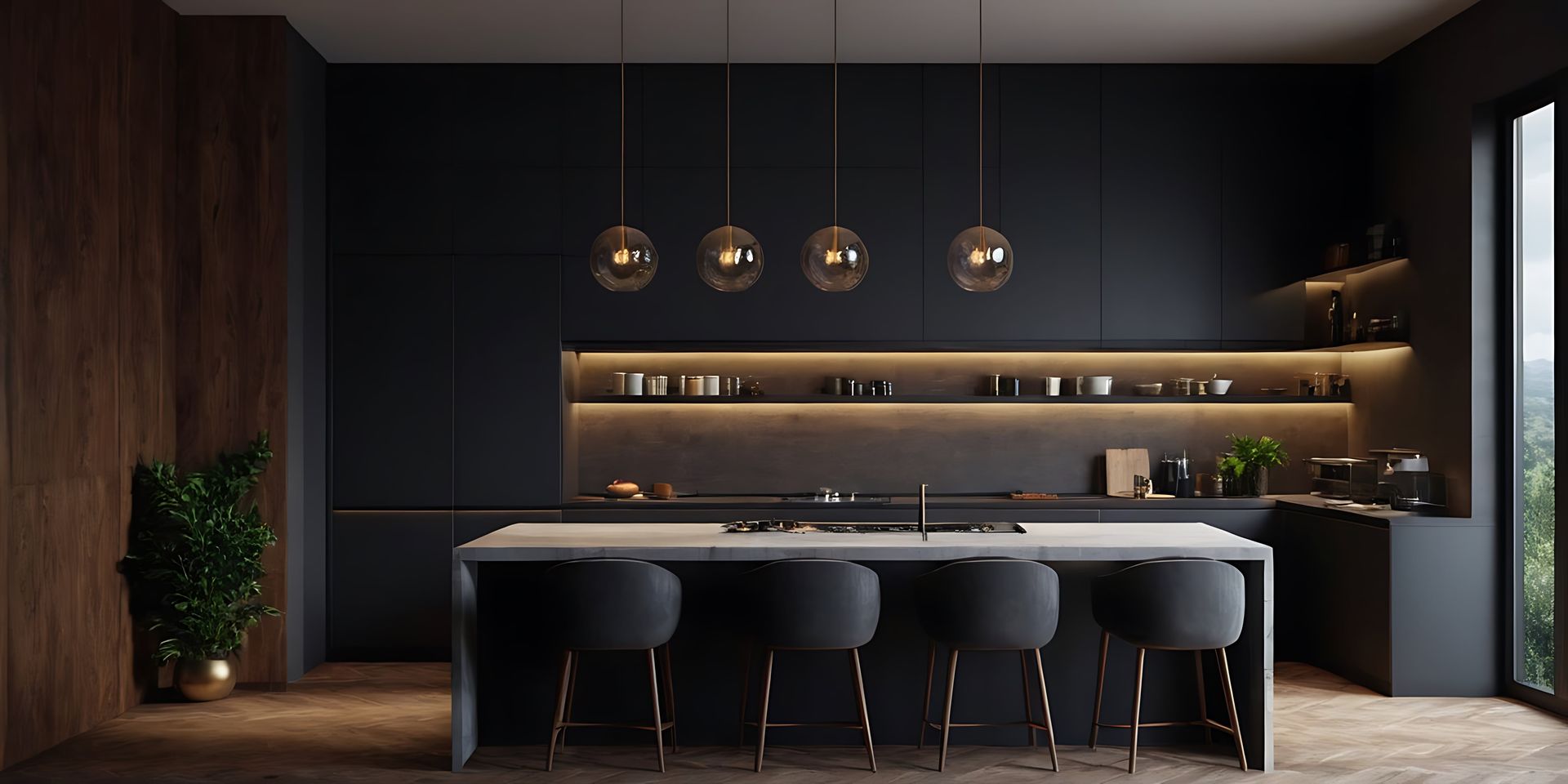 vue d'une cuisine très design avec une lumière tamisée