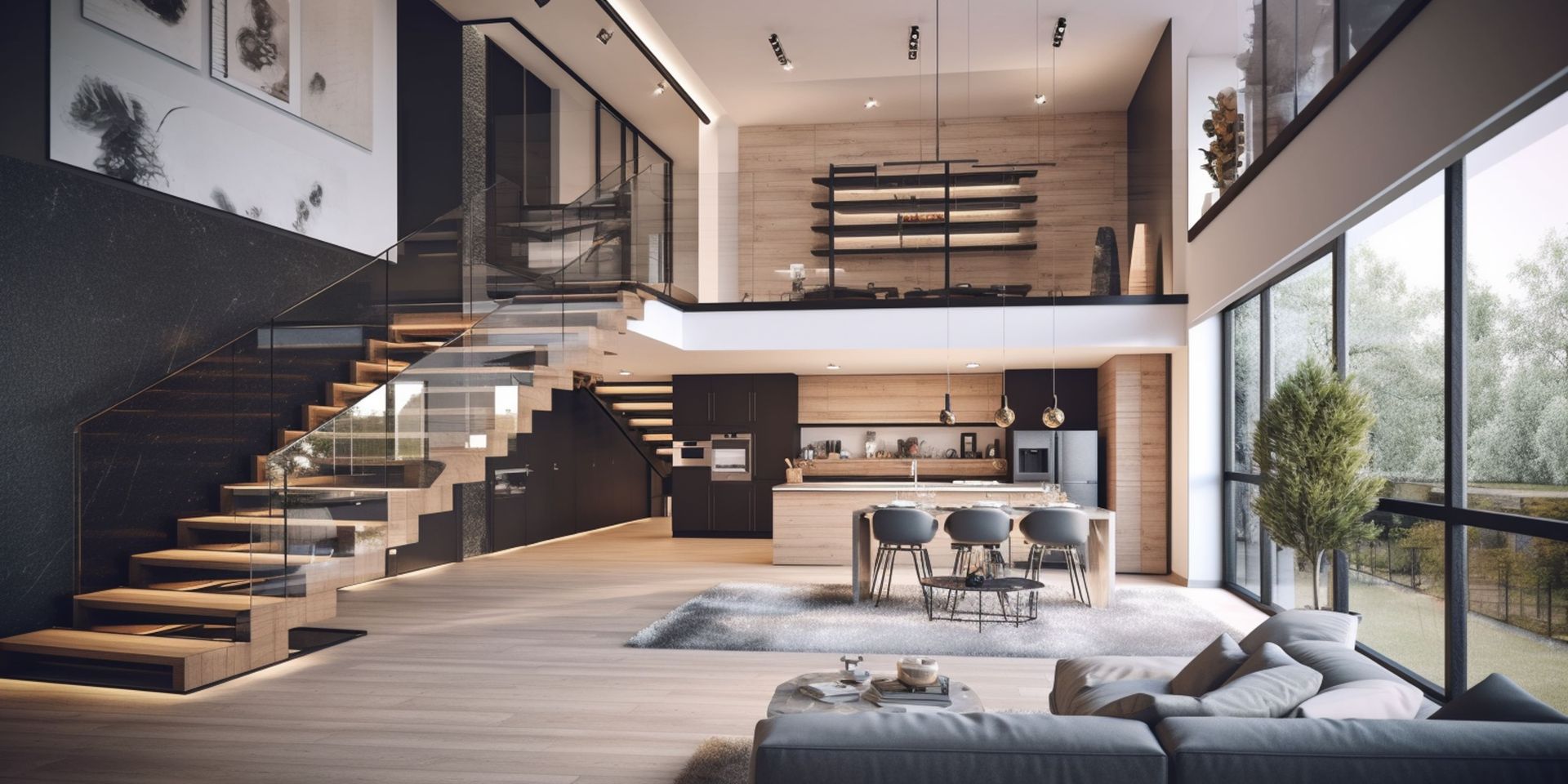 vue d'un intérieur modern et design avec cuisine, salon et mezzanine.