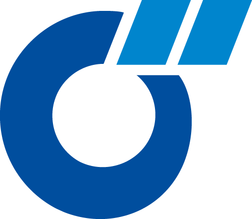 Blaues Logo: Ein Kreis mit einer Öffnung auf einer Seite, zwei blaue Parallelogramme über der Öffnung.