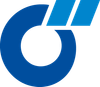 Blaues Logo: Ein Kreis mit einer Öffnung auf einer Seite, zwei blaue Parallelogramme über der Öffnung.