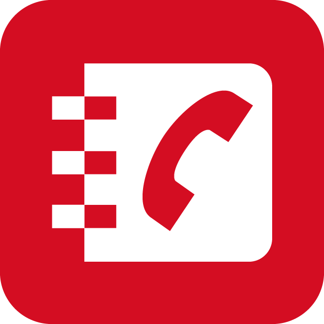 Rotes Quadrat mit einem weißen Adressbuch und einem Telefonhörersymbol für Kontakte und Telefonanrufe.