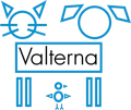 Logotipo azul con rostros de animales estilizados, la palabra &laquo;Valterna&raquo; y un peque&ntilde;o icono de una persona debajo