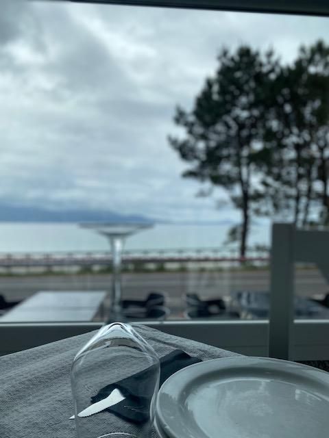 Mesa con vista al mar a través de una ventana, cielo nublado, árboles a lo largo de la orilla.