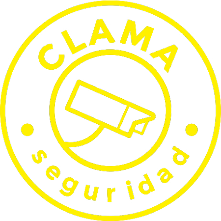 Un logotipo amarillo de Clama Seguridad con una cámara en el centro.