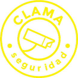 Un logotipo amarillo de Clama Seguridad con una cámara en el centro.