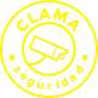 Un logotipo amarillo de Clama Seguridad con una cámara en el centro.