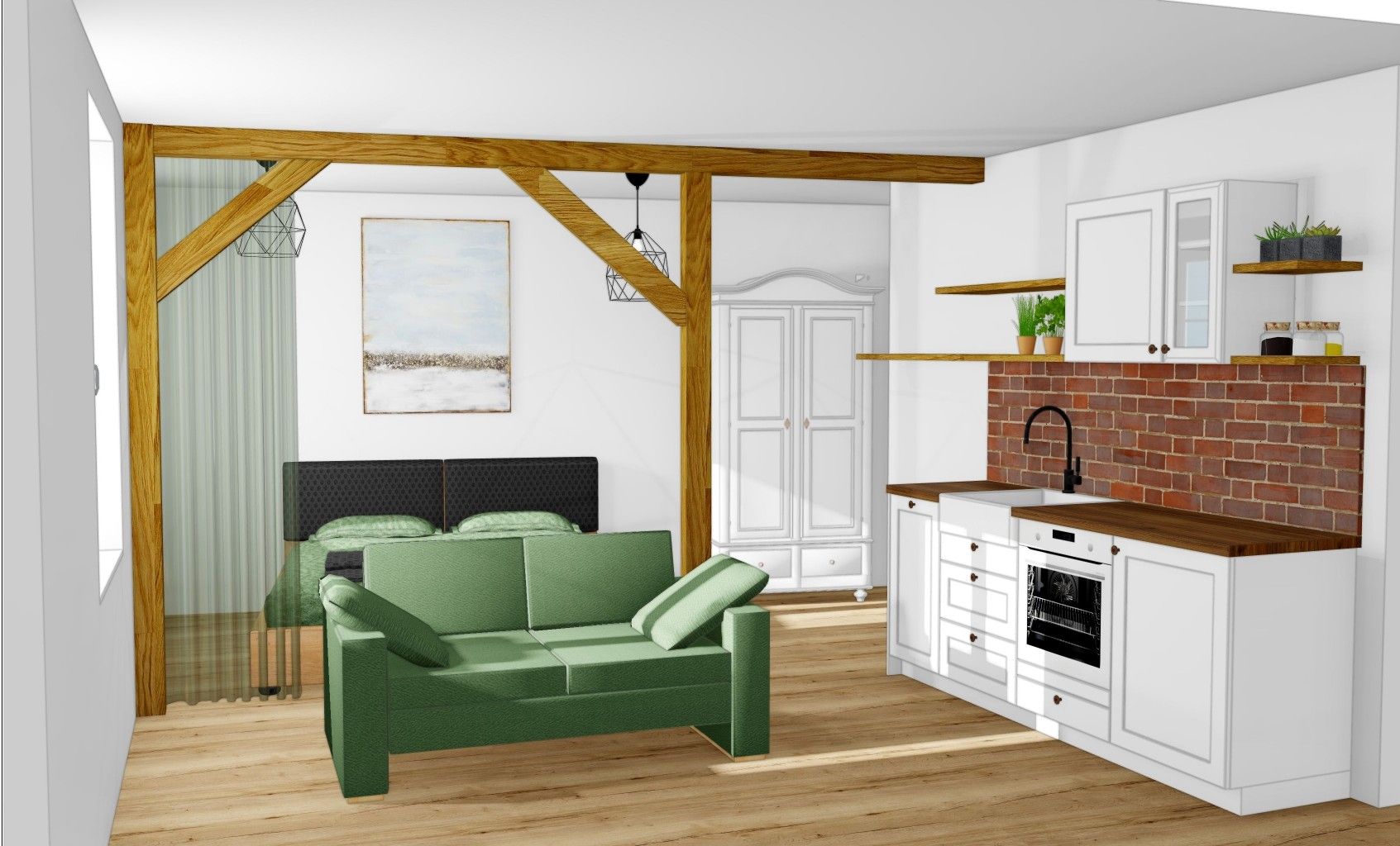 Grundriss eines Studio-Apartments mit grünem Sofa, Bett hinter einem Holzbalken und einer Küche mit weißen Schränken und Backsteinwand.