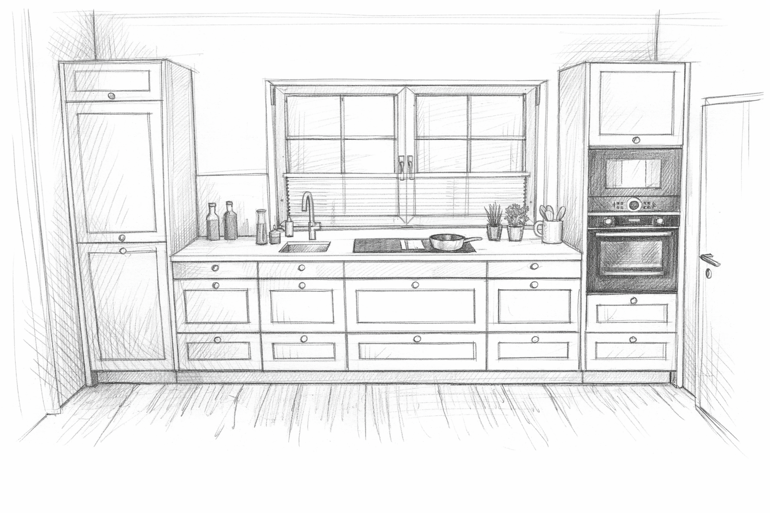 Eine detaillierte Bleistiftskizze eines klassischen Küchendesigns mit Schränken, Spüle, Herd und Wandbackofen.