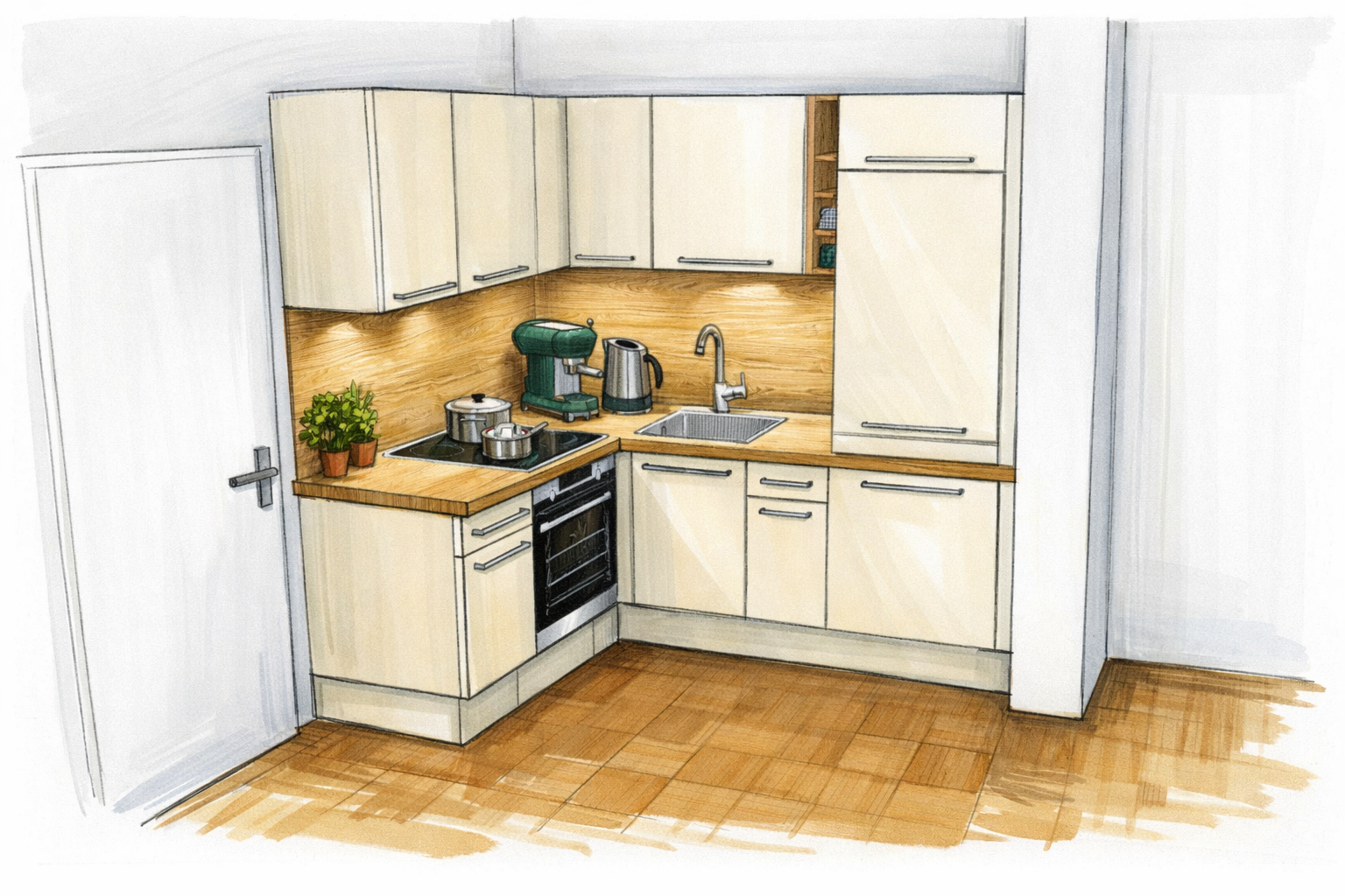 Eine digitale Skizze einer L-förmigen Küche mit cremefarbenen Schränken, Arbeitsplatten aus Holz, einem Herd, einer Spüle und einem Kühlschrank.