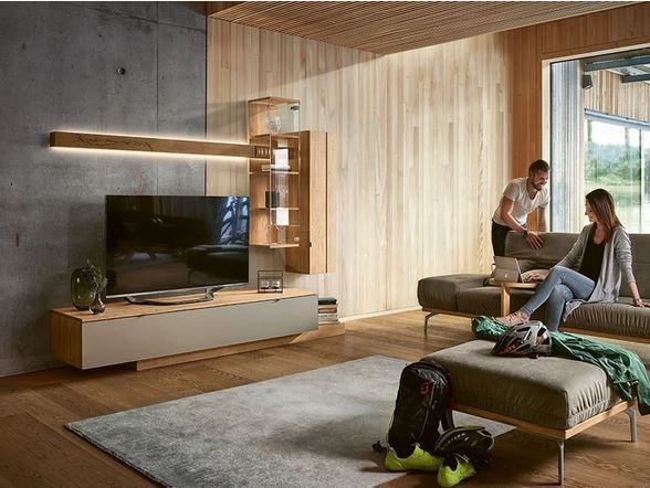 Ein modernes Wohnzimmer mit Fernsehschrank, Sofa, Sessel und zwei Personen, die in einem hellen, holzgetäfelten Raum entspannen.