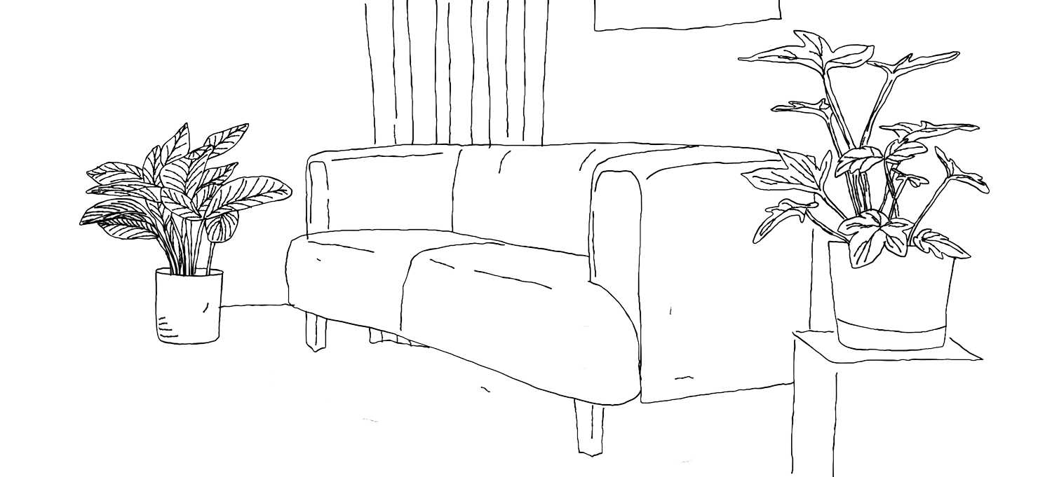 Eine Strichzeichnung eines Wohnzimmers mit einer Couch, die auf jeder Seite von einer Topfpflanze flankiert wird.