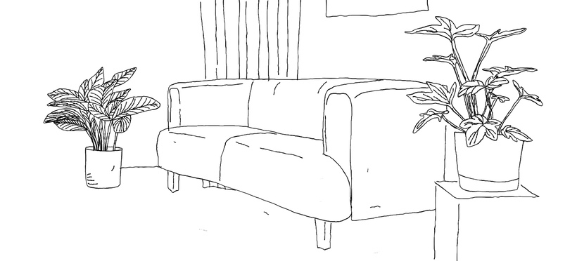 Eine Strichzeichnung eines Wohnzimmers mit einer Couch, die auf jeder Seite von einer Topfpflanze flankiert wird.