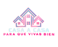 Logotipo con tres casas estilizadas en color azul y rosa, con texto 