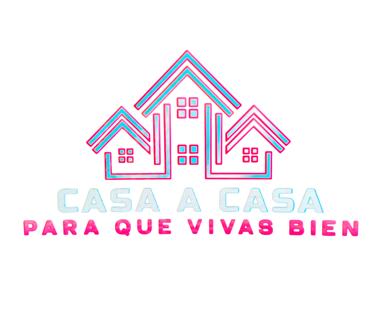 Logotipo con tres casas estilizadas en color azul y rosa, con texto 