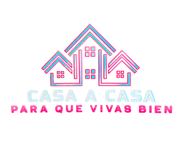 Logotipo con tres casas estilizadas en color azul y rosa, con texto 