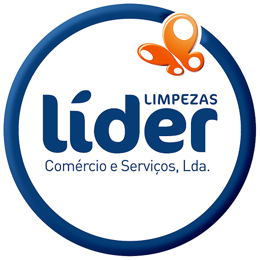 Logotipo da "L&iacute;der Limpezas", empresa de limpeza, com c&iacute;rculo azul, borboleta laranja e texto.