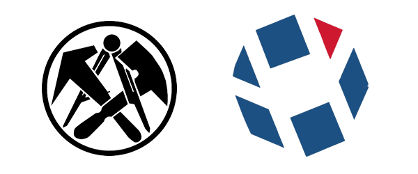 Ein schwarz-weißes Logo neben einem blau-roten Logo
