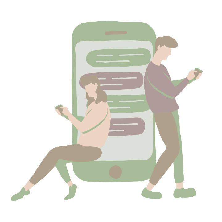 Dos personas hablando por teléfono, apoyadas en un smartphone grande que muestra una conversación.