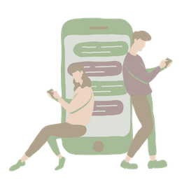 Dos personas hablando por teléfono, apoyadas en un smartphone grande que muestra una conversación. 