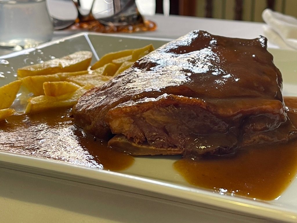Carne estofada con salsa y patatas fritas en un plato blanco.