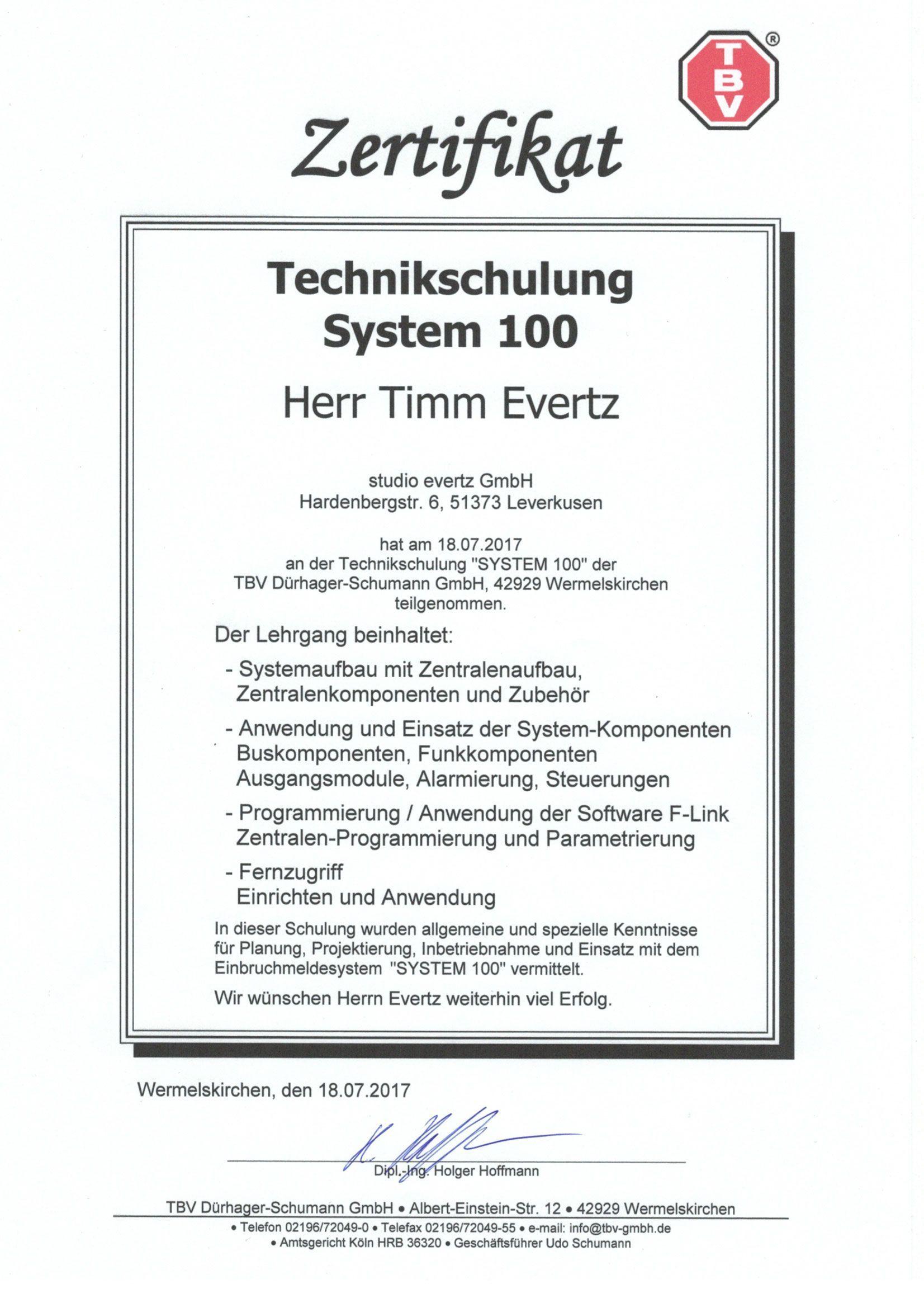 Evertz Zertifikat 10