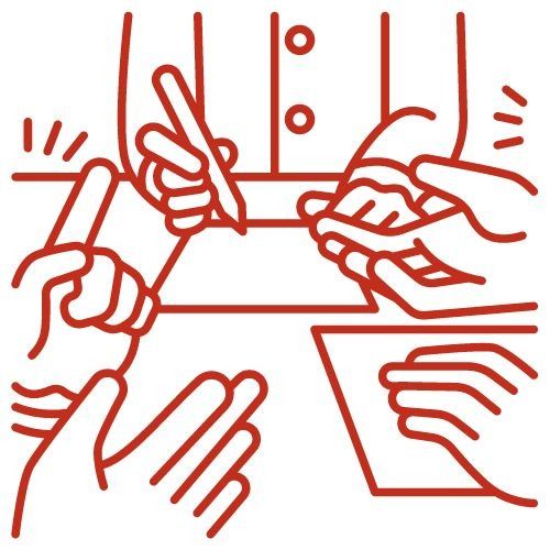 Iconos de líneas rojas que representan manos escribiendo, dibujando y aplaudiendo alrededor de una mesa.