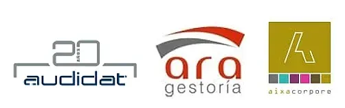Tres logotipos de empresas: Auddat, ara gestoria y Alacorpe en gris, rojo y dorado sobre fondo blanco.