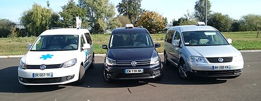 Trois taxis Volkswagen garés sur l'asphalte, arbres verts en arrière-plan, journée ensoleillée.
