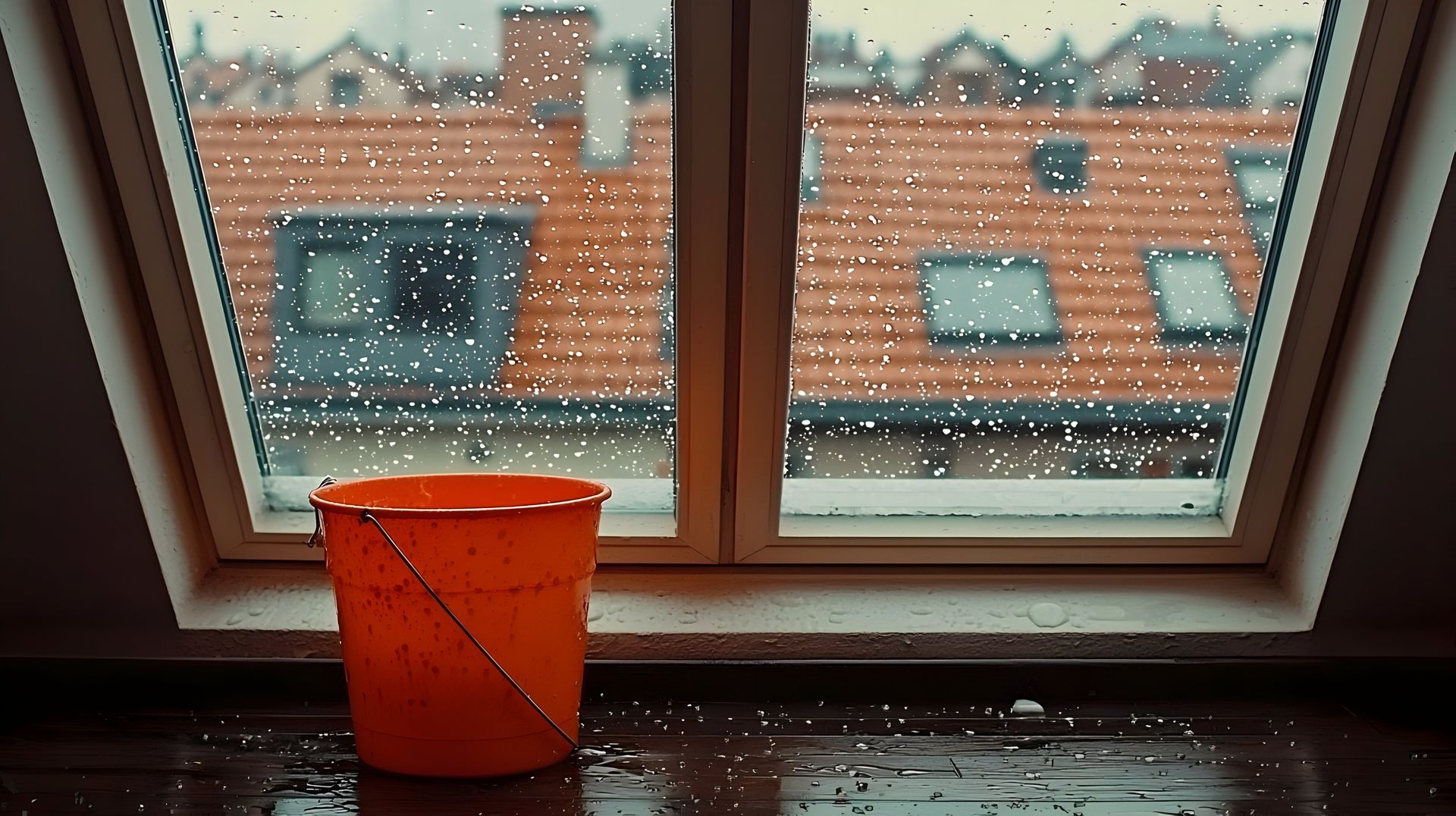 Une fenêtre de toit avec de l'eau autour.