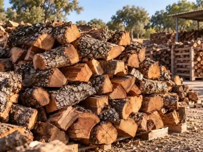Leña apilada en un patio al aire libre, con árboles y más montones de leña al fondo