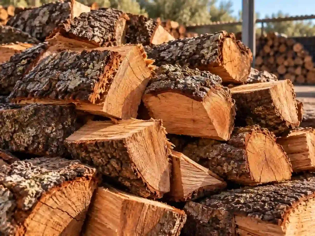 Leña apilada, con corteza rugosa y extremos de madera anaranjados, al aire libre