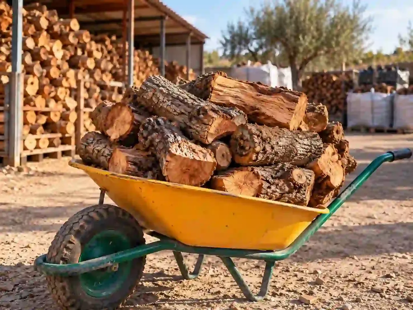 Carretilla amarilla llena de leña cortada en un depósito de madera