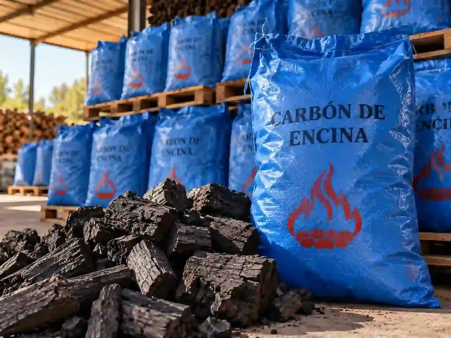 Bolsas azules de carbón apiladas sobre palés, con trozos de carbón en primer plano